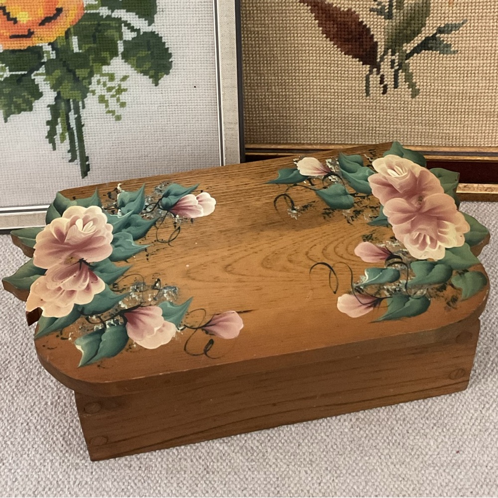 Floral Hand-Painted Wooden Box Handmade Carved Painted Artisan Folk Art Canada